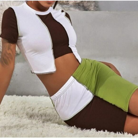 Y2k Cider Lime Green & Brown Colorblock Patchwork Skirt Set Medium Cute - Picture 3 of 9